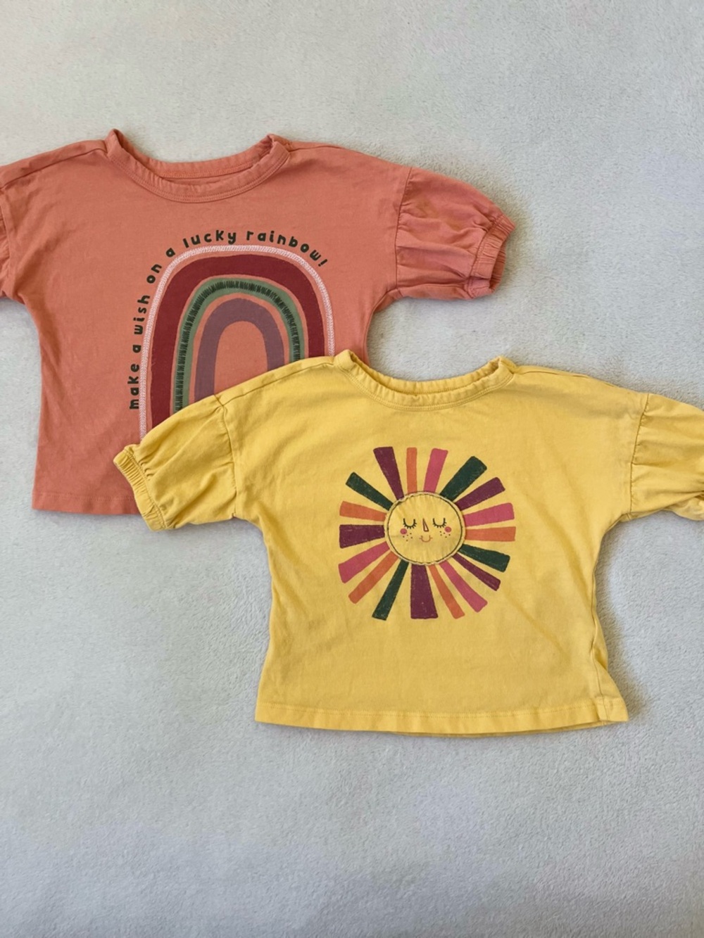 dip Kids Short-Sleeve Rainbow Tee in Coral & Sun Tee in Yellow